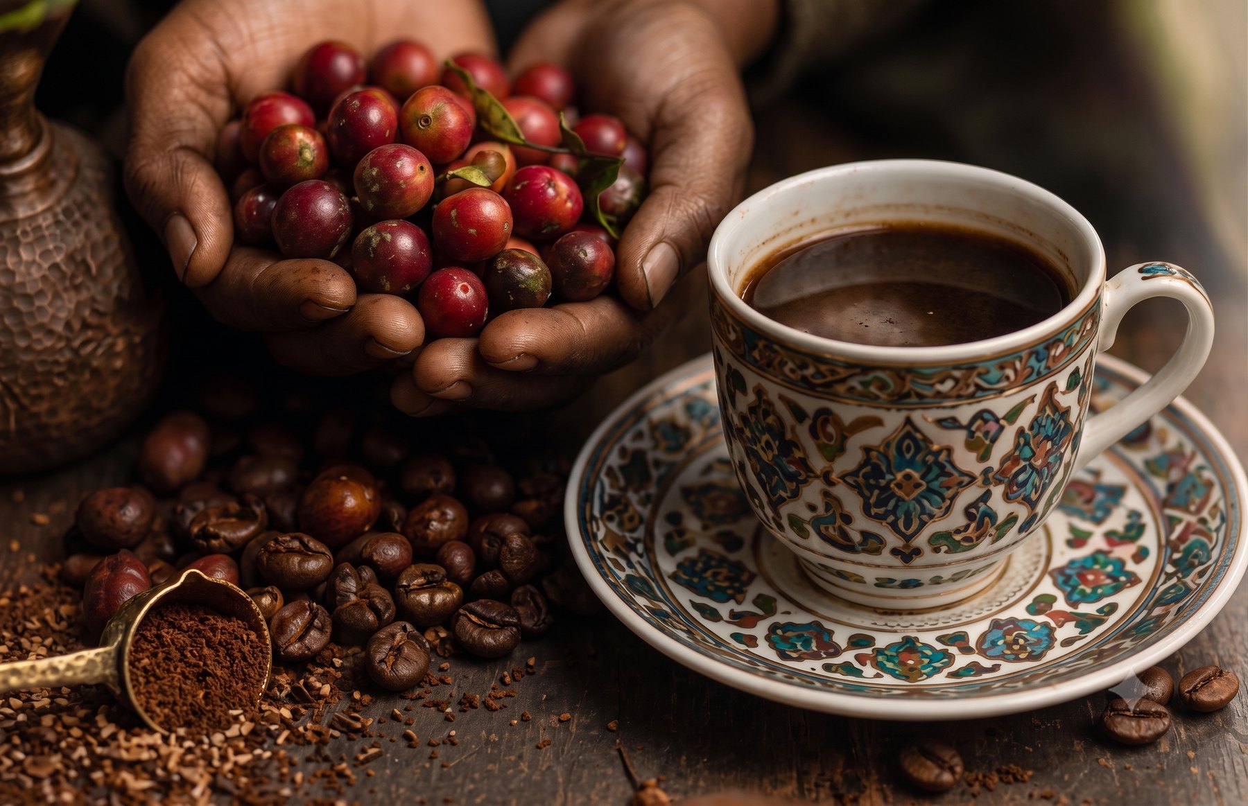 Caiffe — taze kahve cherryleri ve geleneksel fincan